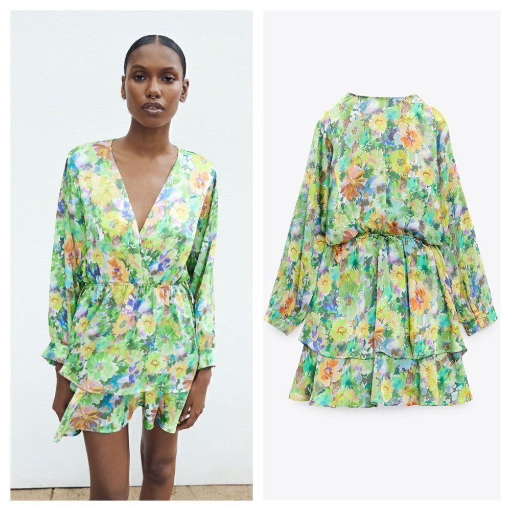 ZARA Silky Floral Print Satin Dress